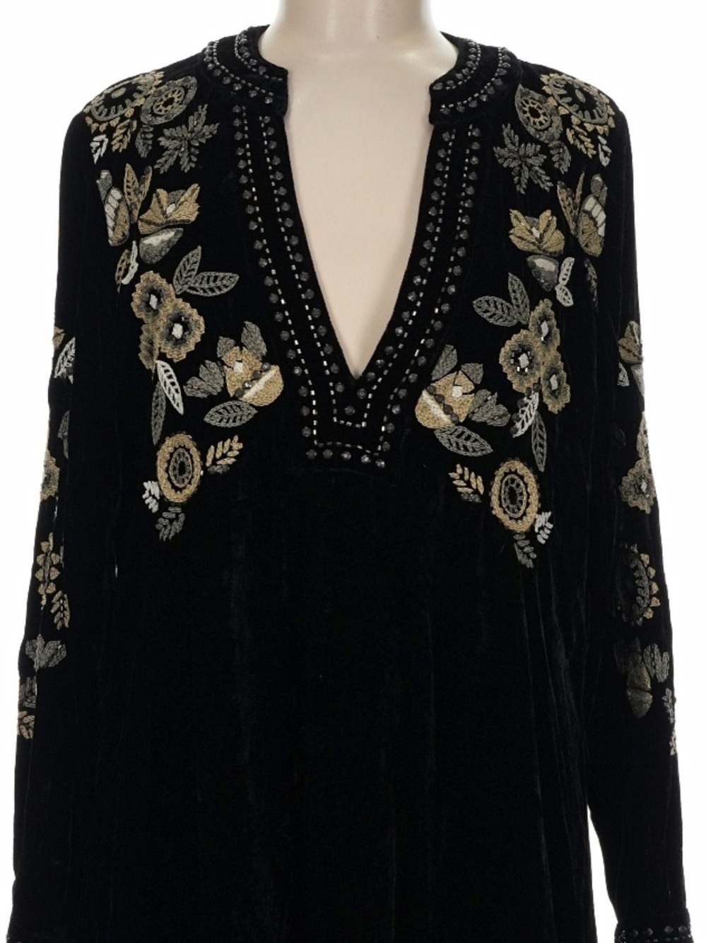 Double D Ranch Black Velvet  Beaded Embroidered floral V-Neck Dress RTL $695 M